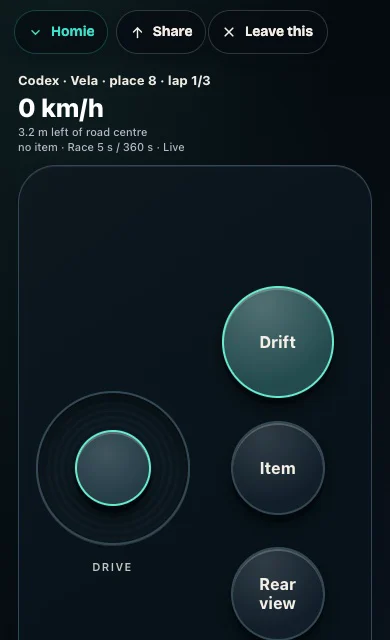 The same race’s controls on a phone: Codex, place 8, lap 1 of 3, 0 km/h, a Drive stick and Drift, Item and Rear view keys.