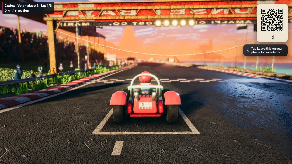 Kart Royale on a television: a red kart on the starting grid under a sunset, a small label reading Codex, place 8, lap 1 of 3, and NIGHTWIRE’s join square in the corner.